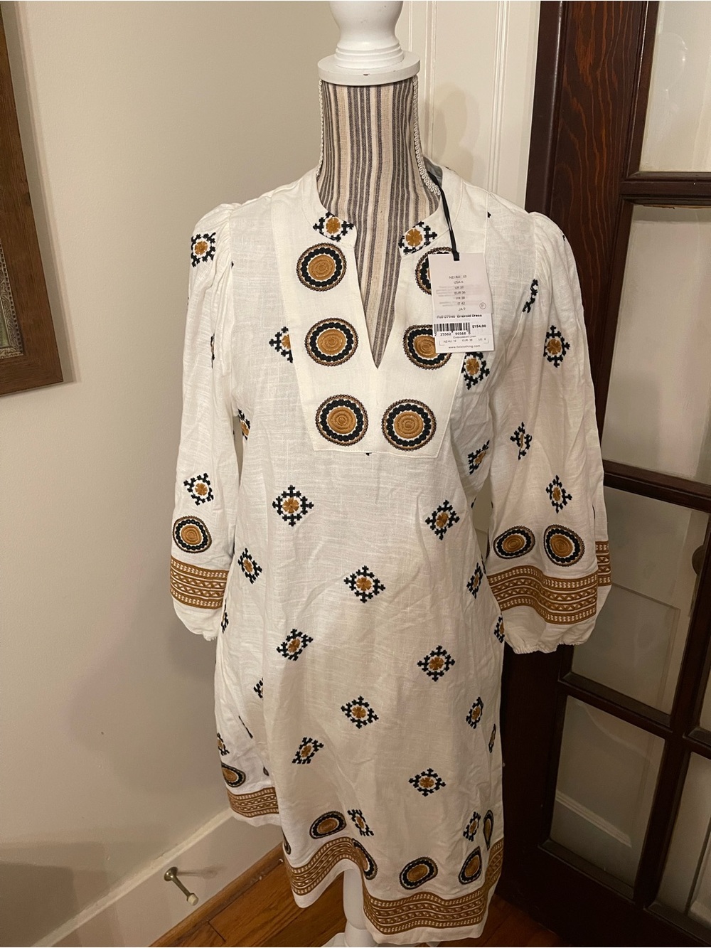 White Midi Dress with Mustard Embroidery